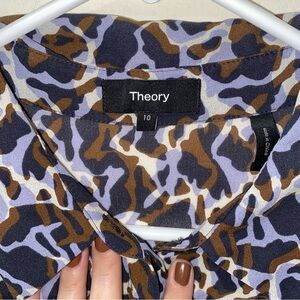 $425 Theory Women's Brown Silk Jasper Printed Midi Shirt Dress Size 10